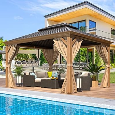 EROMMY 10'x12' Gazebo, Wood Grain Aluminum Frame Canopy with Double Galvanized Steel Hardtop Roof, Outdoor Permanent Metal Pavilion with Curtains and Nettings for Patio, Backyard and Deck
