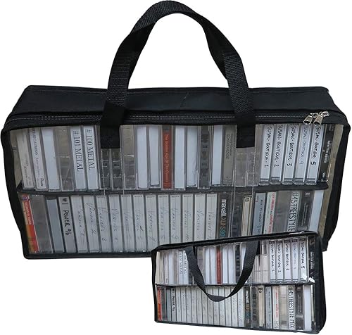 Miniatura 20 de Evelots Paquete de 4 bolsas de almacenamiento de cinta de película VHS, plástico de PVC transparente, capacidad para 200 en total, asas fuertes, sin