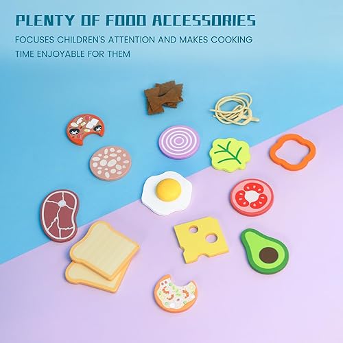 Miniatura 6 de Juego de cocina de madera, juego de cocina de 36 piezas para niños pequeños, juegos de comida para niños, accesorios de cocina de madera con comida