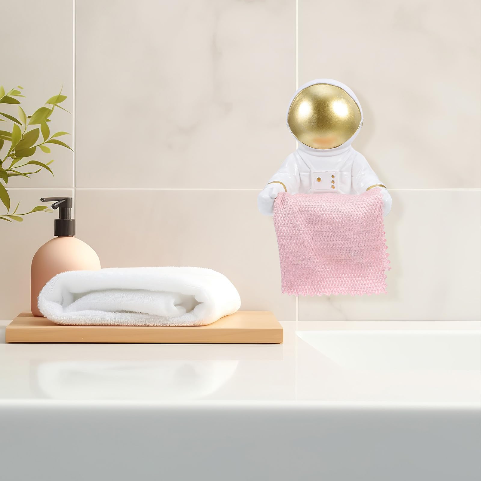 Portarrollos y Centros Comerciales para Hoteles sin Necesidad de Taladro Forma de Astronauta de Papel Higiénico de Pared en Resina Dorada Estilo Ligero y Portátil
