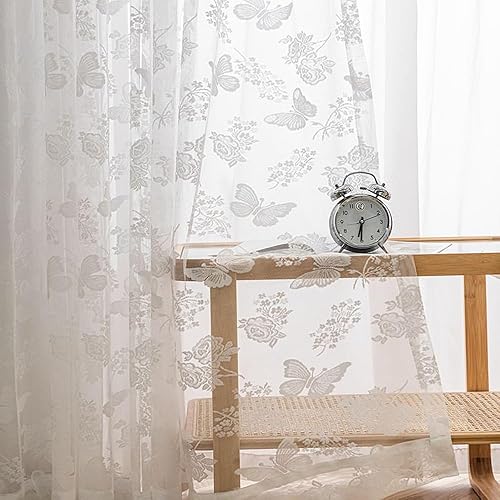 Miniatura 7 de Cortinas bordadas de mariposa blanca, paneles transparentes de encaje para colgar en la ventana de la puerta, decoración elegante de habitación,