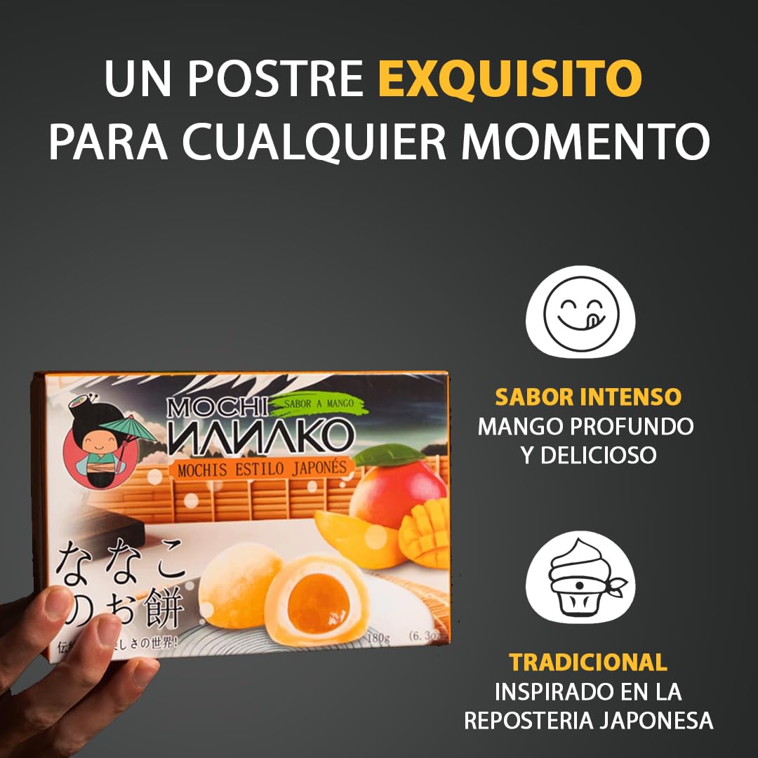 JAPON MARKET Mochi Japonés Sabor Mango Nanako 180g - Dulces Japoneses, Postre Exótico - Chuches Japonesas - Mochis - Snacks Japoneses con Mango - Comida Asiática Dulce - Caja de Chuches Japonesas