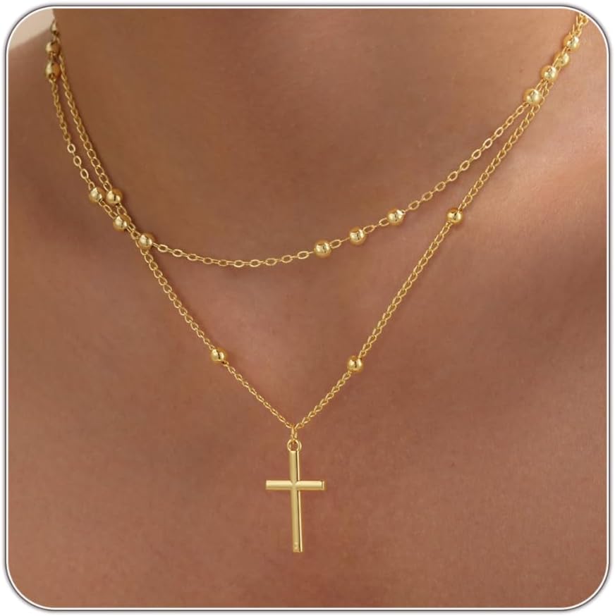 Cross Necklace for Women - Dainty 14K Real Silver Gold Plated Layered Pendant Necklace Stack Simple Trendy Cute Charm Choker Necklaces Jewelry Gift for Teen Her