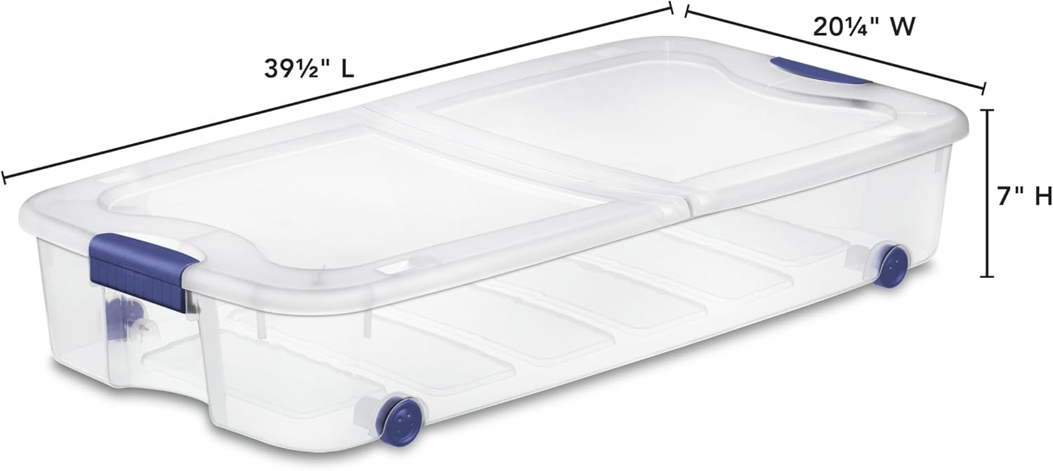 2-Pack 66 Qt Large Clear Underbed Storage Bins with Wheels & Latching Lid- Slim Profile Stackable Plastic Containers for Bedroom, Closet, Seasonal Clothes, Blankets, Shoes Organization