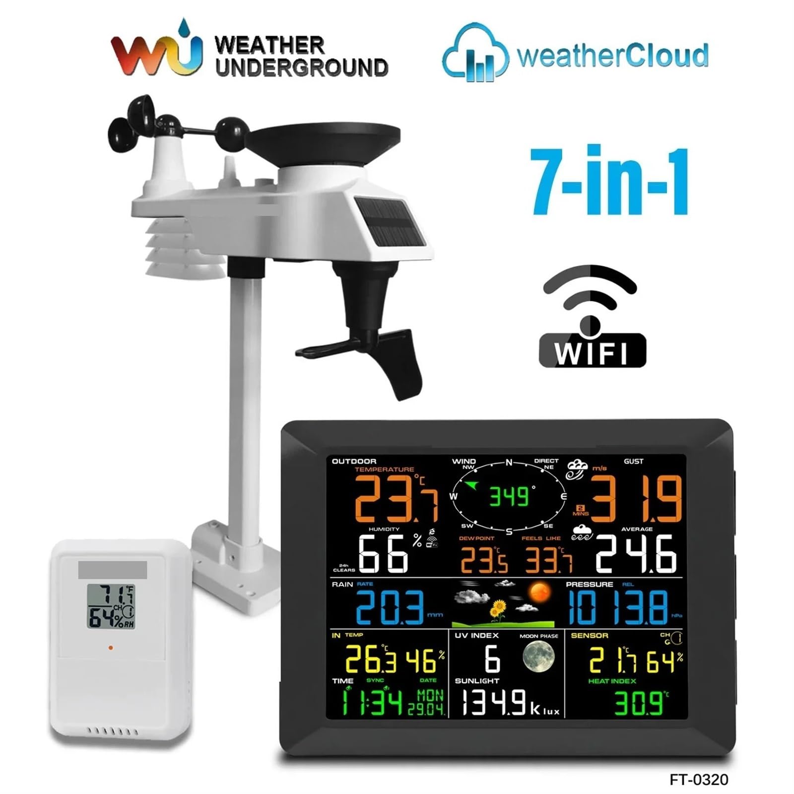 0320 Stazioni meteorologiche wireless Ampio display da 10 pollici Termoigrometro for interni ed esterni Pluviometro Velocità del vento Supporti a 8 canali