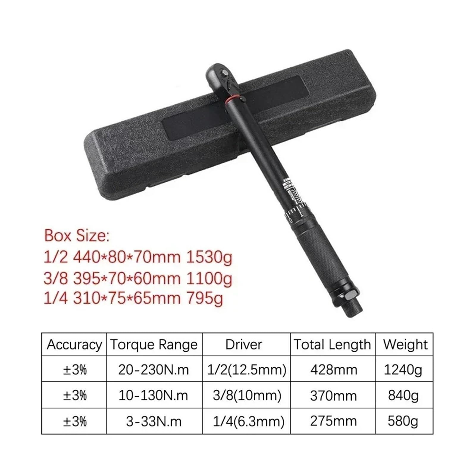 Klucz dynamometryczny 2-230 Nm regulowany 1/2'' 3/8'' 1/4'' okrągła rura o wysokiej precyzji do samochodów, rowerów, narzędzi ręcznych samochodowych(20-230NM)