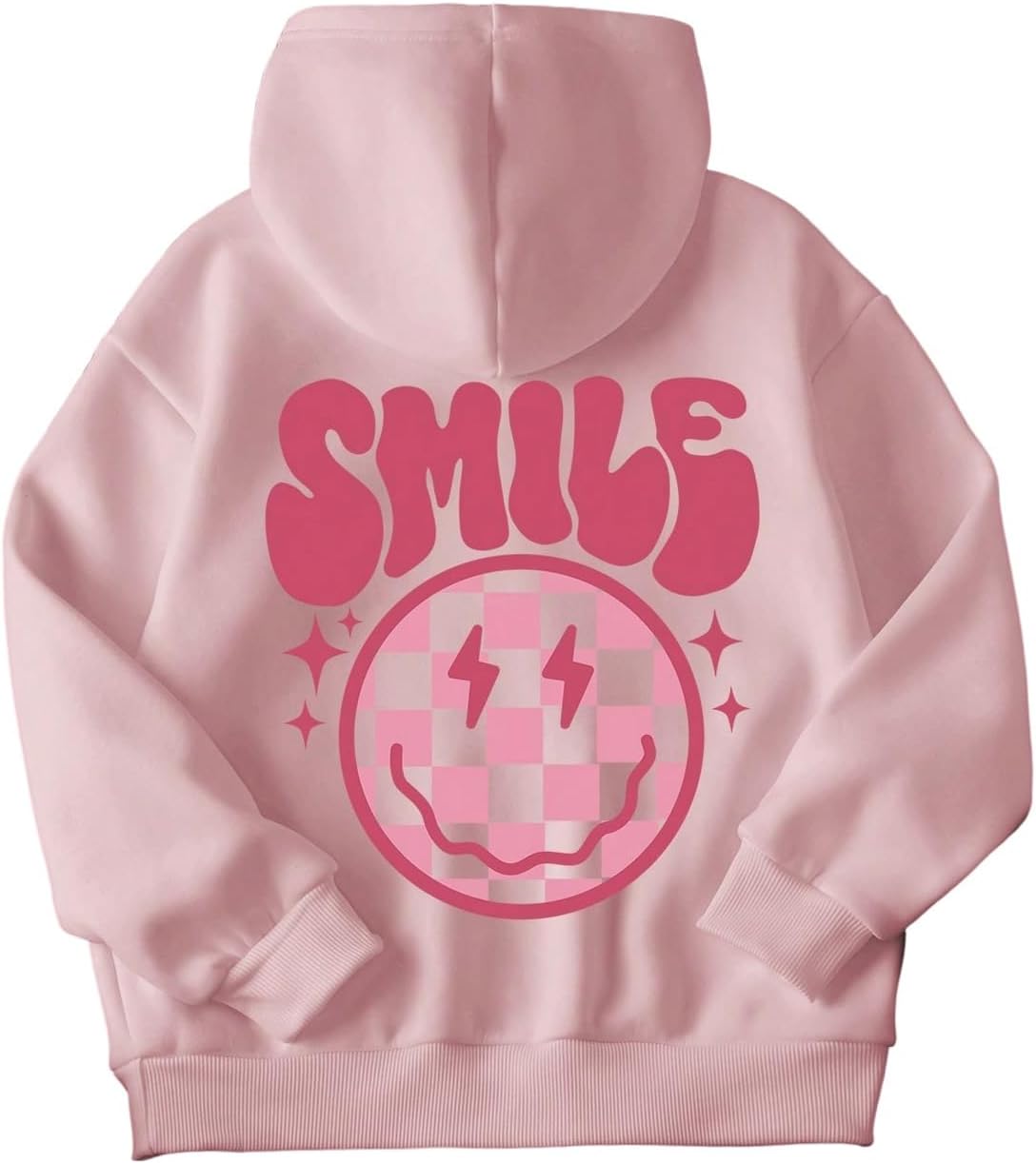 SweatyRocks Girl's Smile Face Graphic Hoodies Long Sleeve Hooded Sweatshirt Cute Pullovers Tops
