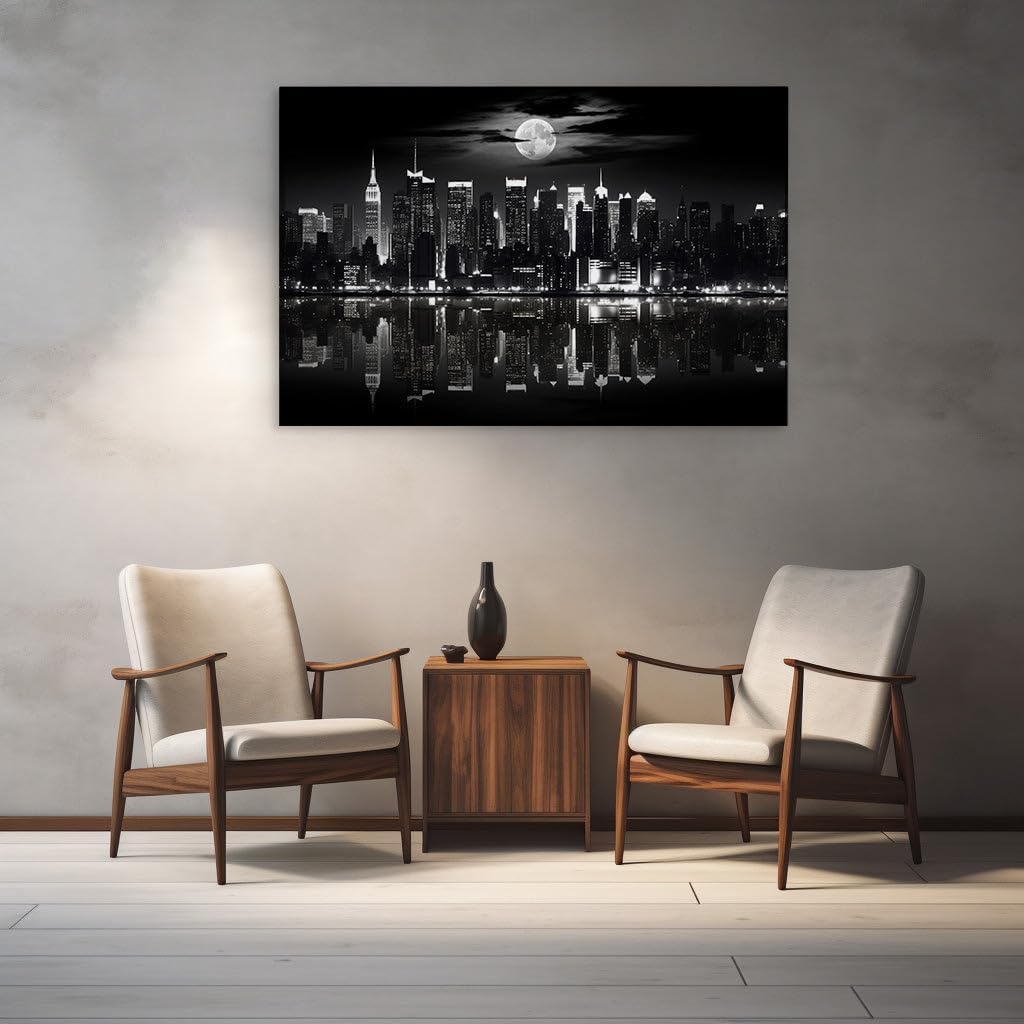 Canvas for Living room. Manhattan Moonlight Sonata: Elegance in Monochrome, 27 x 18 inch Canvas Wall Art - Modern Home Decor