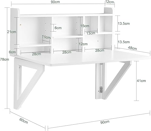 Miniatura 2 de Haotian FWT07-II-W - Mesa plegable para montaje en la pared, mesa de computadora con compartimentos de almacenamiento, color blanco, FWT07-II-W