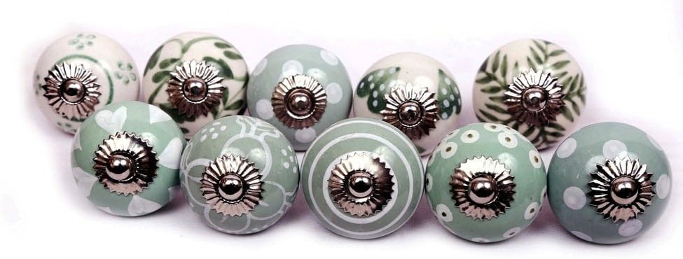 Glitknob 10 Knobs Dull Greenish& White Hand Painted Ceramic Knobs Cabinet Drawer Pull