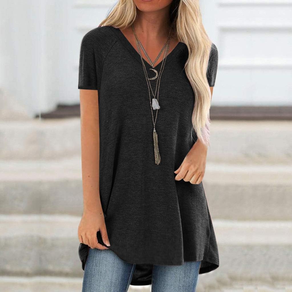 KKG Tops Tunics for Women to Wear with Leggings, Casual Loose Fit V Neck Short/Long Sleeves T Shirt - Image 2