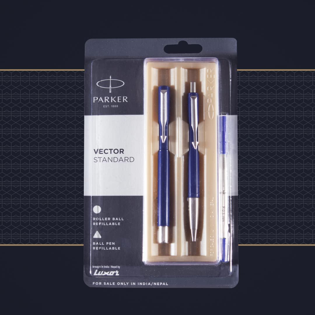 Parker Vector Standard Chrome Trim Roller Ball Pen + Ball Pen| Blue Body Color| Ink Color - Blue | Gift For Employees | Unique Gifts For Entrepreneur