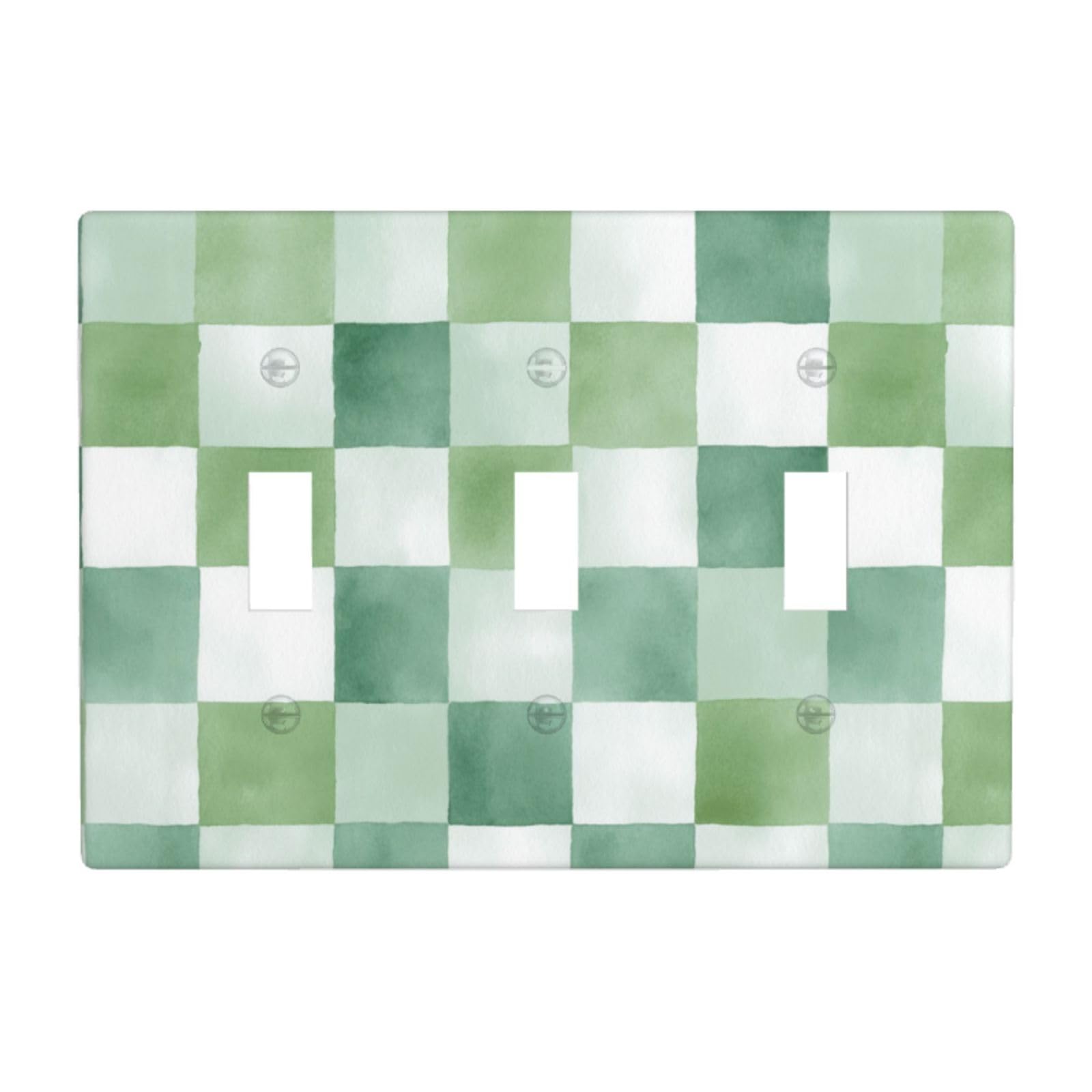 Watercolor Checkerboard Sage Green and White Light Switch Covers 3 Gang Triple Toggle Wall Plate Switchplate Electrical Faceplate for Bathroom Kitchen Bedroom Decor