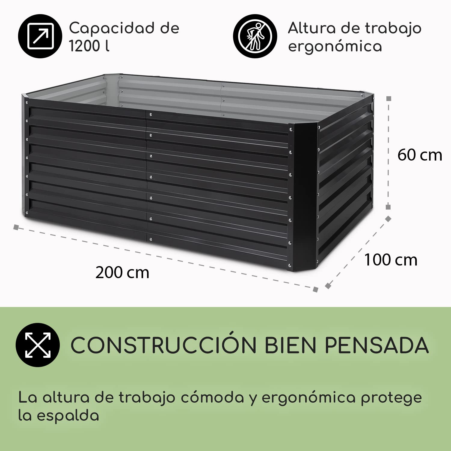 blumfeldt Jardineras Exterior Grandes Jardín, Huerto Urbano Terraza, Plantas, Vegetales, Hierbas, Capacidad 1200 l. Maceteros Exterior Elevados Metálicos, Resistente al Intemperie, 200x60x100, Negro