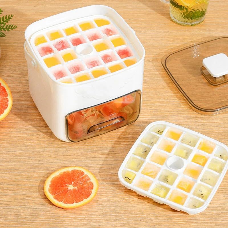 One-Press Ice Cube Maker with Storage Bin, Mini Press-Type Ice Maker 48-Grid Double Layer, Pull-Out Ice Drawer with Portable Handle for Personal Use in Whiskey, Cocktail, Coffee and DIY (White)