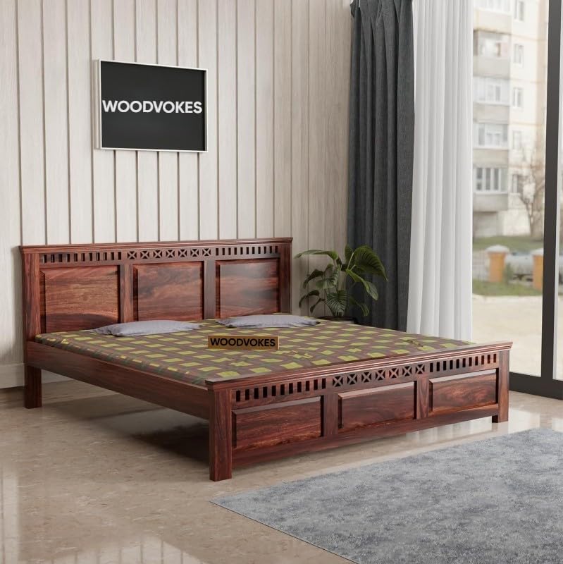 Image of Sheesham Wood Bed Without Storage Solid Wooden Cot Bed Elegant and Functional Bedroom Living Room Home(Dark Natural, Queen)