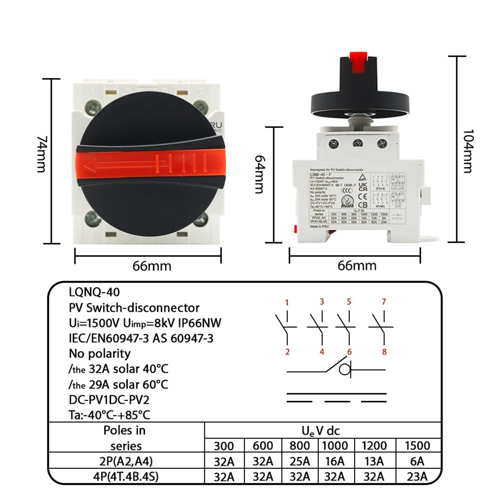 LONQ-40 Solar DC 4P 32A 1500V przełącznik odłącznikowy z obrotowym uchwytem PV(LONQ-40.F)