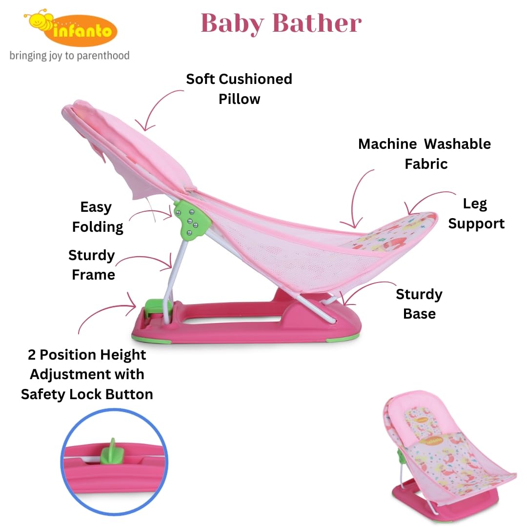 Infanto Baby Bather – Adjustable, Non-Slip & Foldable Bath Seat Chair for Newborns (0-12 Months) (Pink) - Image 3 thumbnail