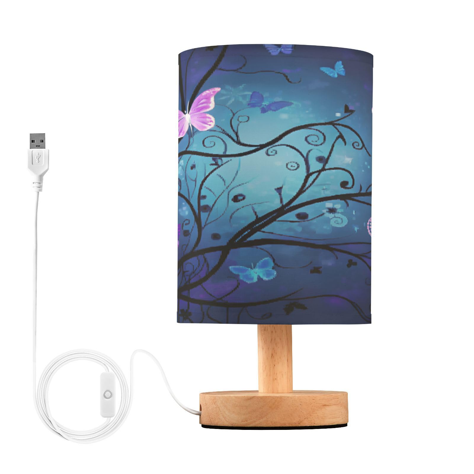 Ttgoth A Purple Blue Butterfly Bedside Table Lamp For Bedroom Led Nightstand Lamp Desk Reading Light With Usb Ports Nd Fabric Shade For Living Room Dorm Home Office