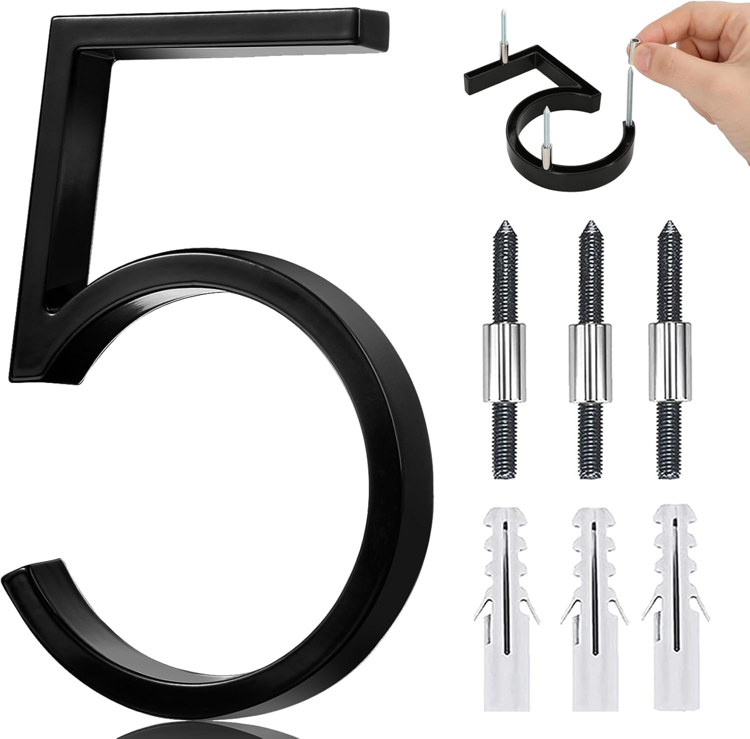 5" Floating Stainless Steel House Number,Modern Metal House Numbers,Decorative Number for House,Brick Wall,Mailbox Post with Nail Kit, 911 Visible,Coated Black (5)
