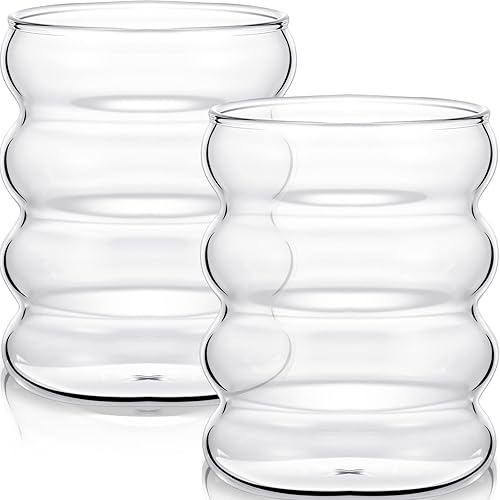 Cunhill 2 Pcs Wave Glass Cup 10 oz Ribbed Bubble Drinking Glassware Creative Cocktail Martini Clear Drink Cup Gift for Juice Beer Wine Milk Soda Home Kitchen Bar Party