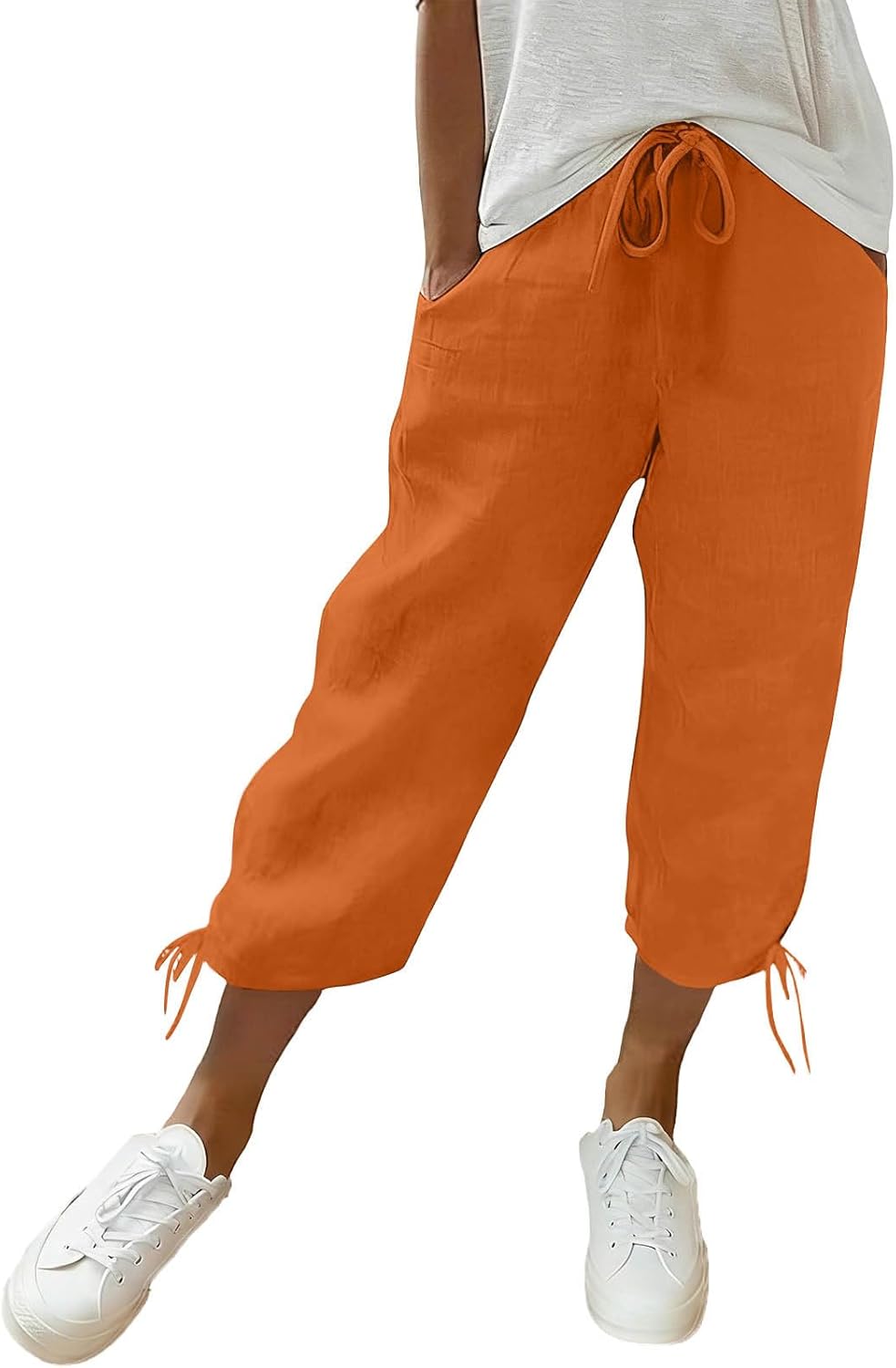 YRAETENM Capri Pants for Women Drawstring Elastic Waist Knee Length Linen Bermuda Shorts Summer Casual Loose Beach Trousers