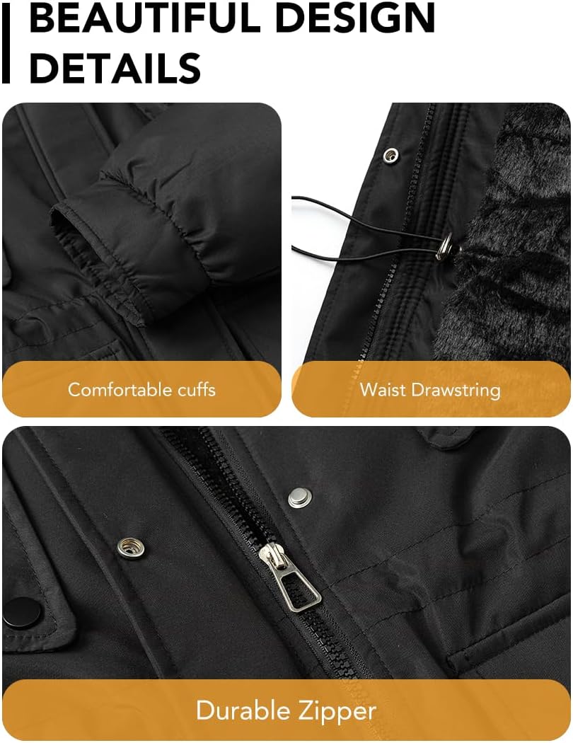 Womens Warm Puffer Jacket Winter Coat FLeece Lined Parka With Detachable Fur Hood - Image 5