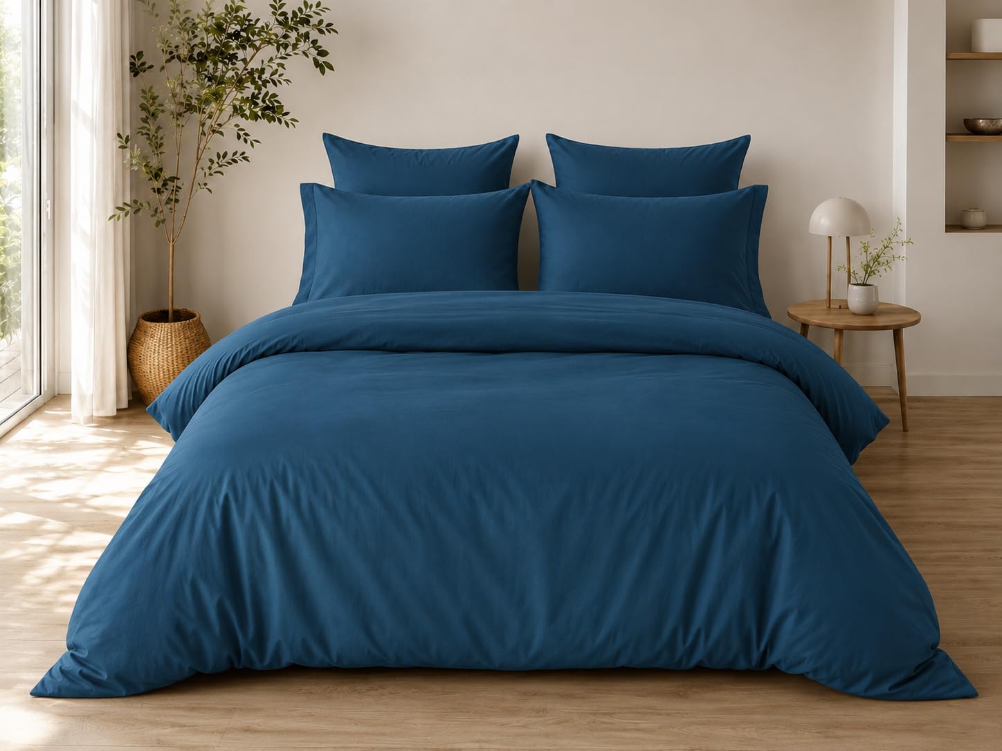 Parure de lit 240 x 220 cm bleu coton 57 fils avec drap-housse 140x190 et 4 taies d'oreiller