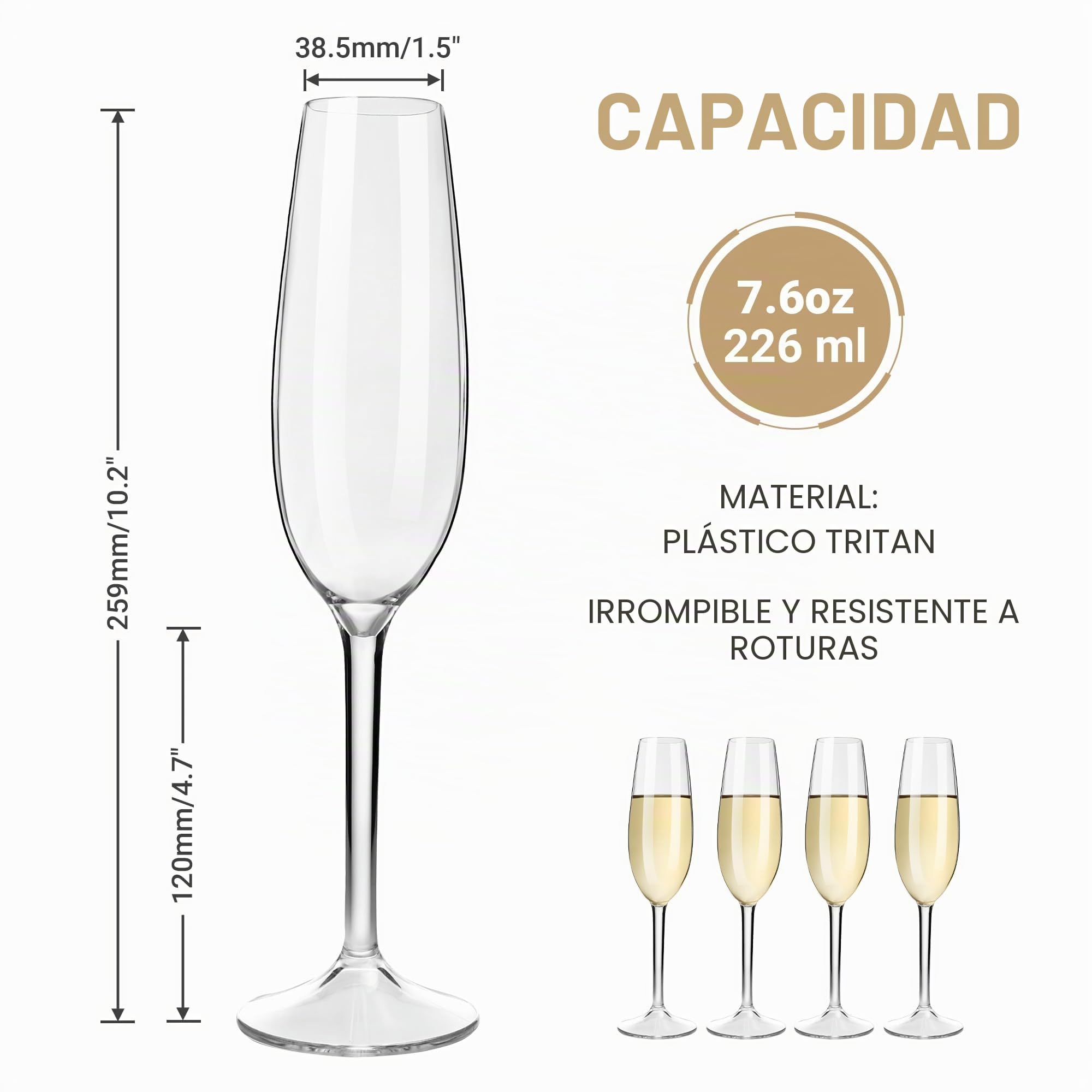 HAHASHOW Copas de Champán de Plástico Tritan Irrompible, Copas de Champán, Copas de Vino, 226 ml Copas de Champán Para Fiesta, Aptas Para Lavavajillas, Set de 4
