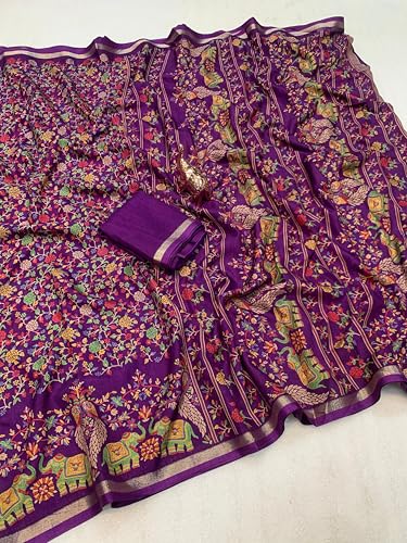 Image of Kalamkari Floral Prints Dola Silk Saree With Rich Zari Border Designer Pallu Attach Blouse Piece