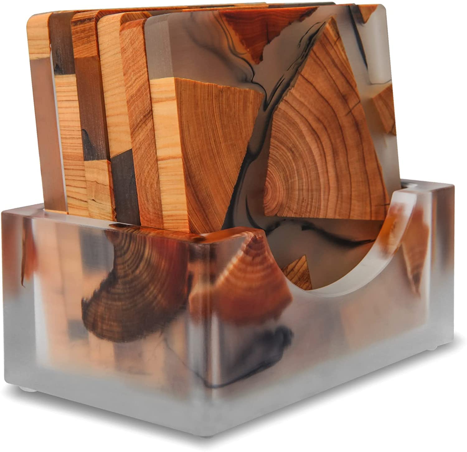 Dessous de verre en bois moderne : lot de 6 sous-bocks résine pour tasse et verre