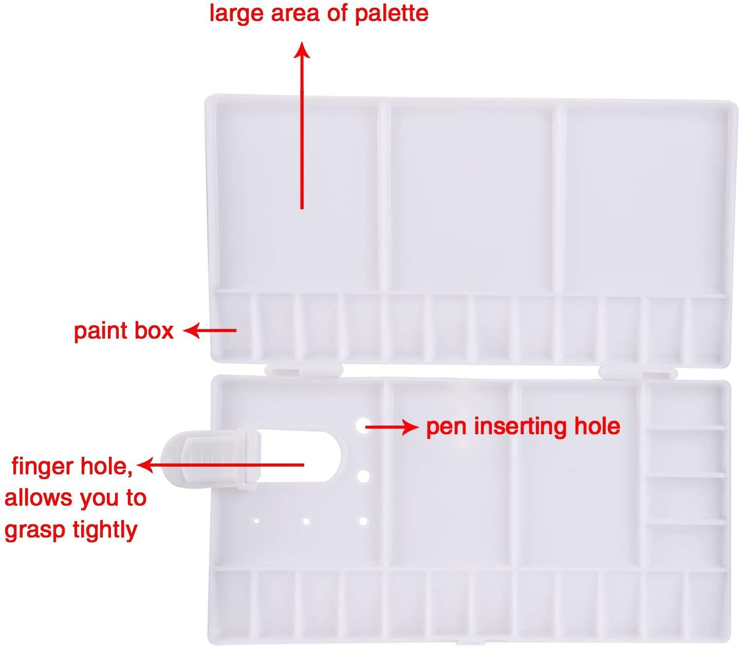 SUNIY Watercolor Palette Folding Paint Tray Plastic Painting Pallet with 33 Compartments, Thumbhole and Brush Holders, White - Image 3
