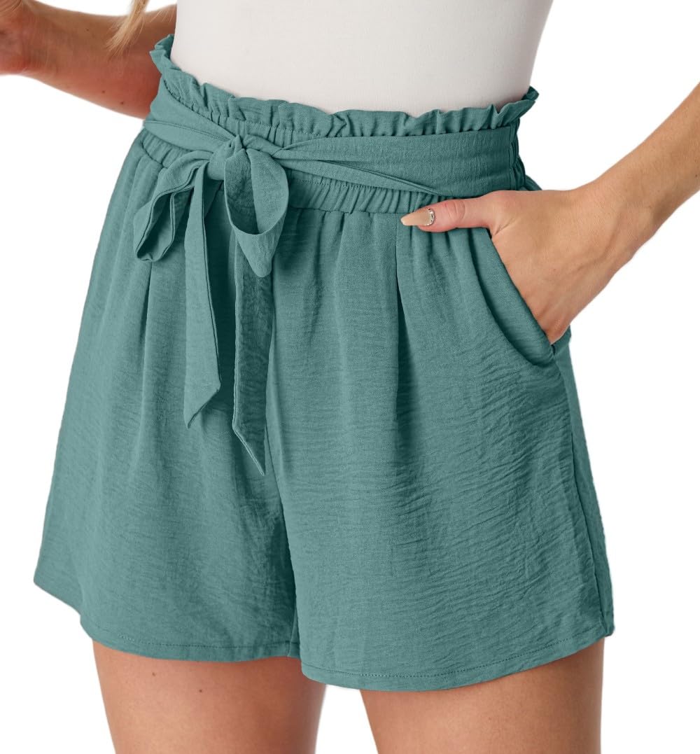 PrinStory Leicht Damen Shorts Gürtel Breites Bein Kurze Hose Mit Taschen High Waist Sommershorts