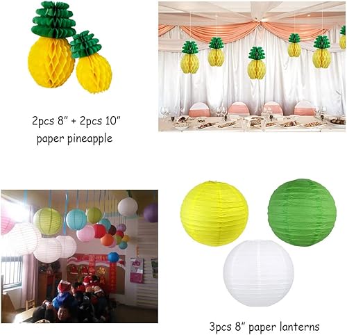 Miniatura 5 de Decoraciones tropicales hawaianas para fiestas, 57 piezas de suministros de fiesta, hojas tropicales, piña, linterna de papel, globos y pompones de