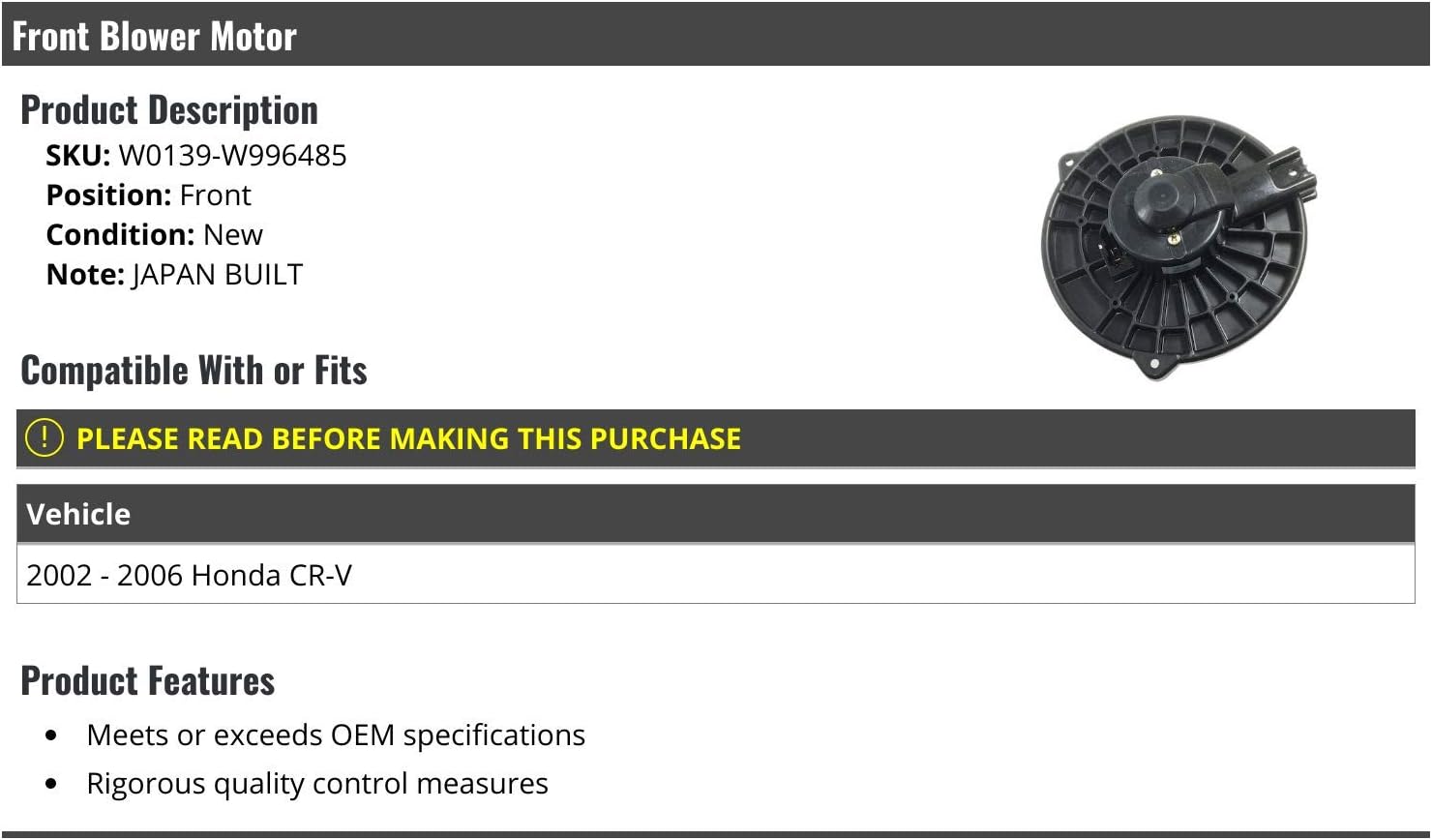 Front Blower Motor - Compatible with 2002-2006 Honda CR-V (Japan Built)