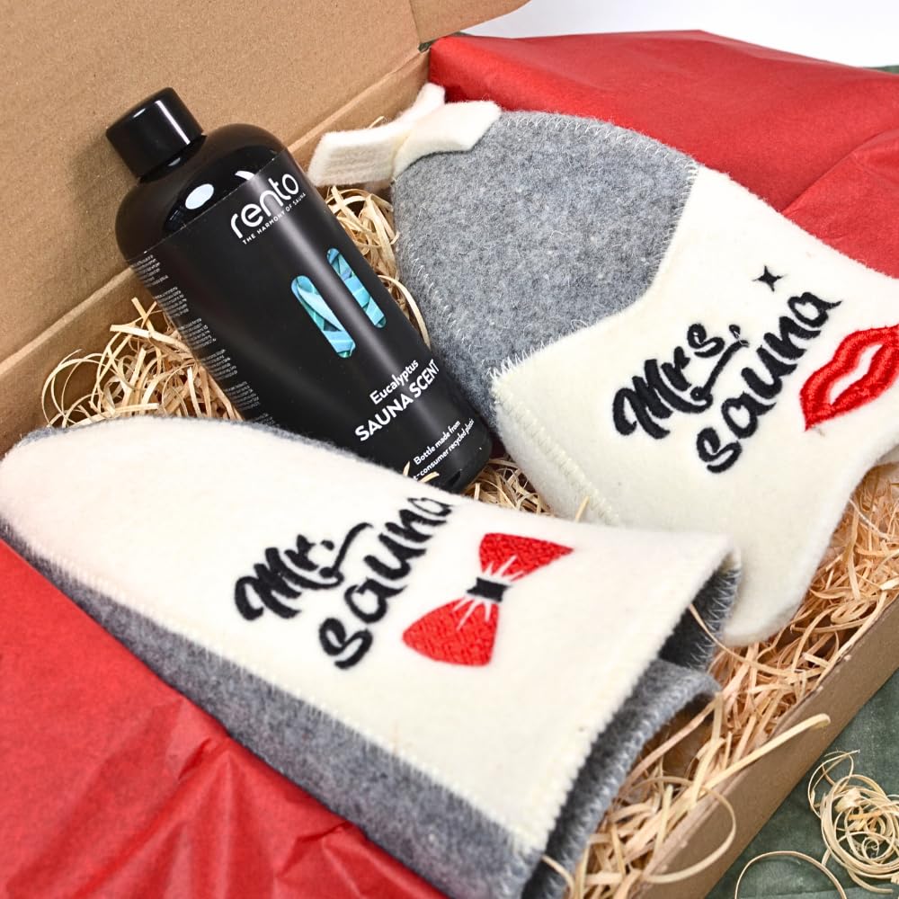 Sauna Geschenkset „Mr & Mrs Sauna“ – 2x Saunahut aus 100% Wollfilz + Eukalyptus Saunaaufguss 400 ml – Premium Sauna Set für Paare – Schutz vor Hitze entspannender Saunaduft, ideales Wellness Geschenk
