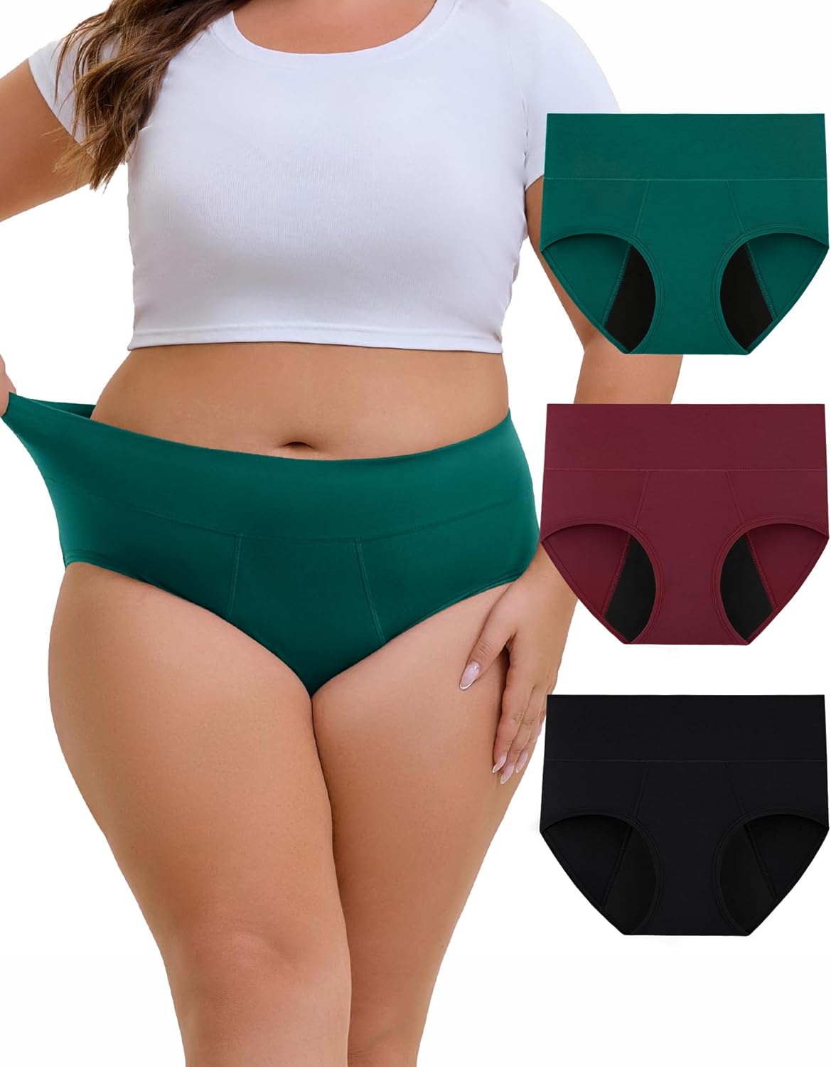 INNERSY Women's Period Underwear Plus Size Heavy Flow High Waisted Cotton Leak Proof Menstrual Panties 3-Pack