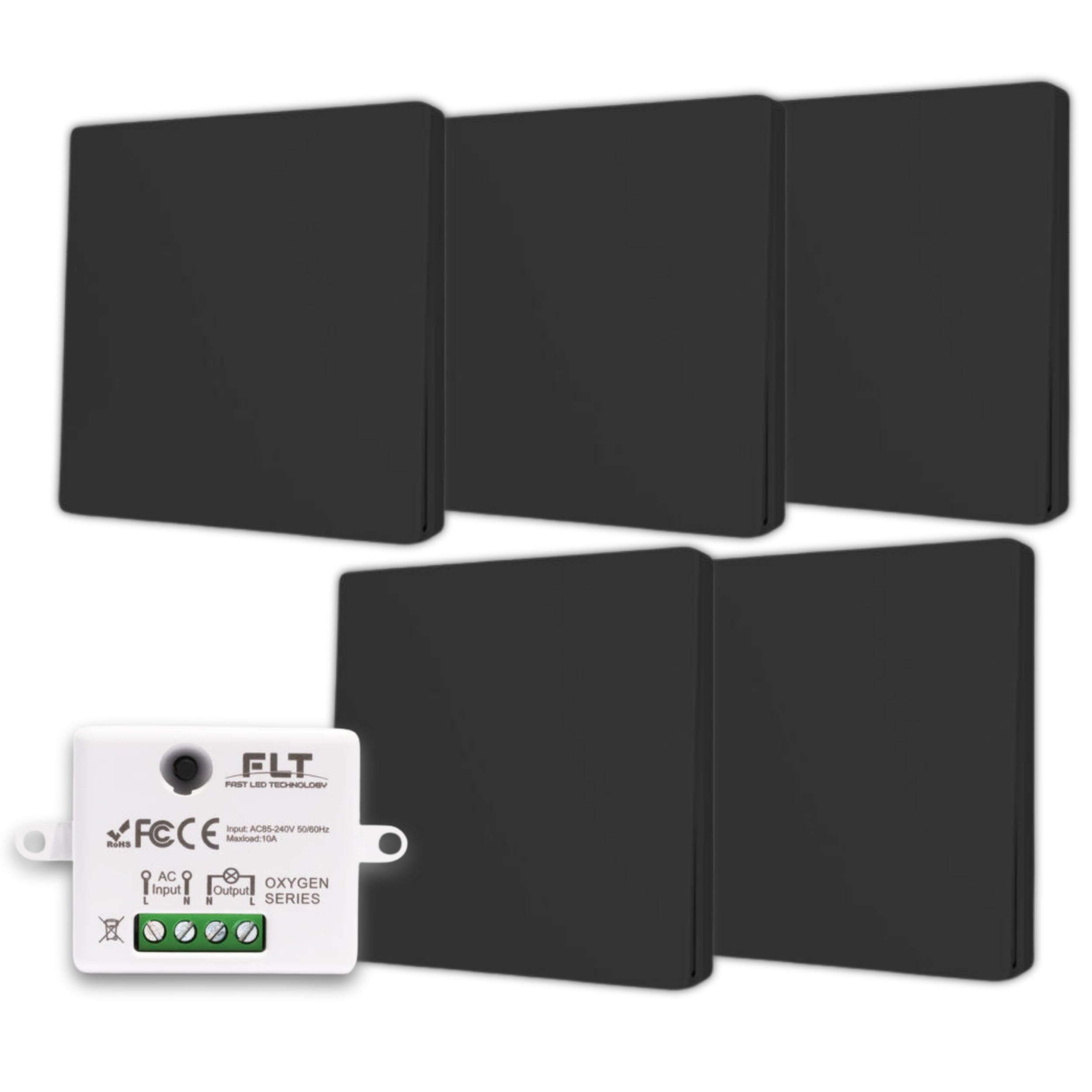 Interruptor inalámbrico y sin batería Autoalimentado Ecológico Calidad Profesional - Interruptor RF de 5 mandos + 1 relé radio empotrable - Largo Alcance - Interior y Exterior IP64 - Negro
