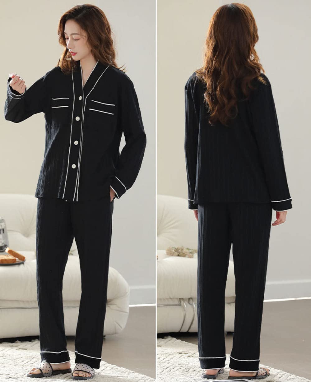 Pijama Invierno Mujer,Conjuntos De Pijama De Algodón Para Mujer, Cuello En V Negro, Bolsillo Con Botones, Ribete De Rayas Blancas, Elegante, Acogedor, Cálido, Manga Larga, Pjs Top & Bottoms Set L