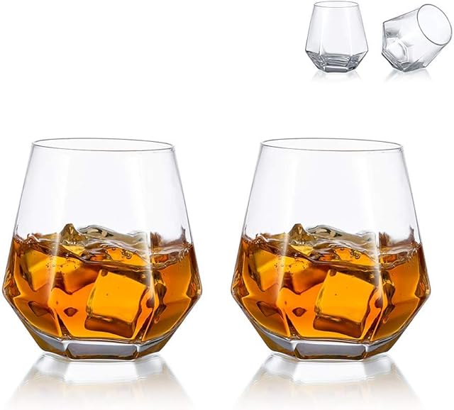 Diamond Whiskey Glasses Set of 2 Water Juice Tumbler Tilted Scotch Glass 300ml Whisky Glass Modern Look for Men Women, Dad, Husband, Friends, Glassware for Bourbon/Rum/Bar Tumbler