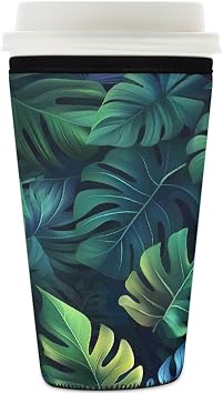 Summer Tropical Palm Leaves Reusable Iced Coffee Sleeve Neoprene Insulated Drink Holder, Washable Anti-Slip Cold Cup Sleeve for Tumblers Bottles Glasses 22-24oz