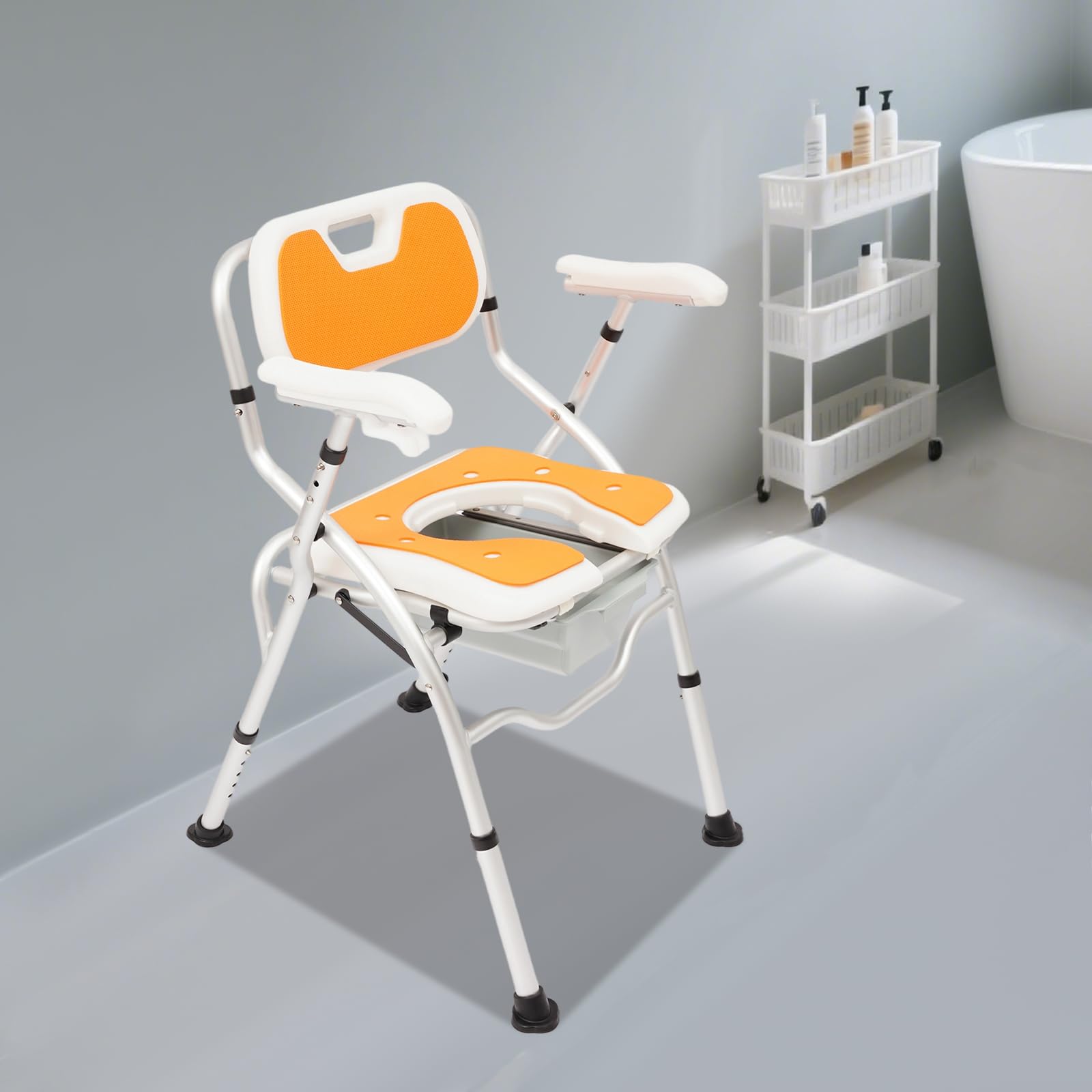 Sedie da doccia con braccioli e schienale, sedia pieghevole per WC e doccia con contenitore per urina, colore arancione, sgabello da bagno da 150 kg, altezza regolabile da 42 a 47 cm, cassettiera per