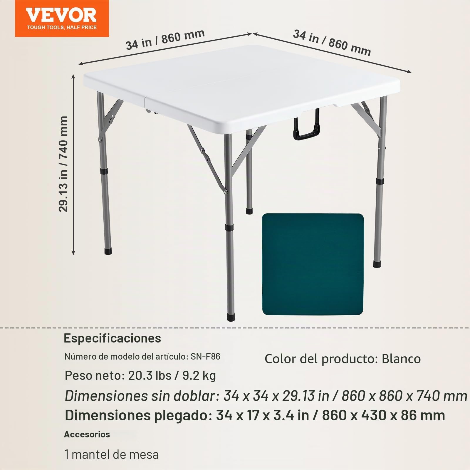 VEVOR Mesa Mahjong, Mesa de Cartas Plegable por la Mitad para 4 Jugadores con Tablero Verde, Mesa de Dominó Cuadrada Plegable Portátil con Asa de Transporte para Acampar al Aire Libre, Fiesta
