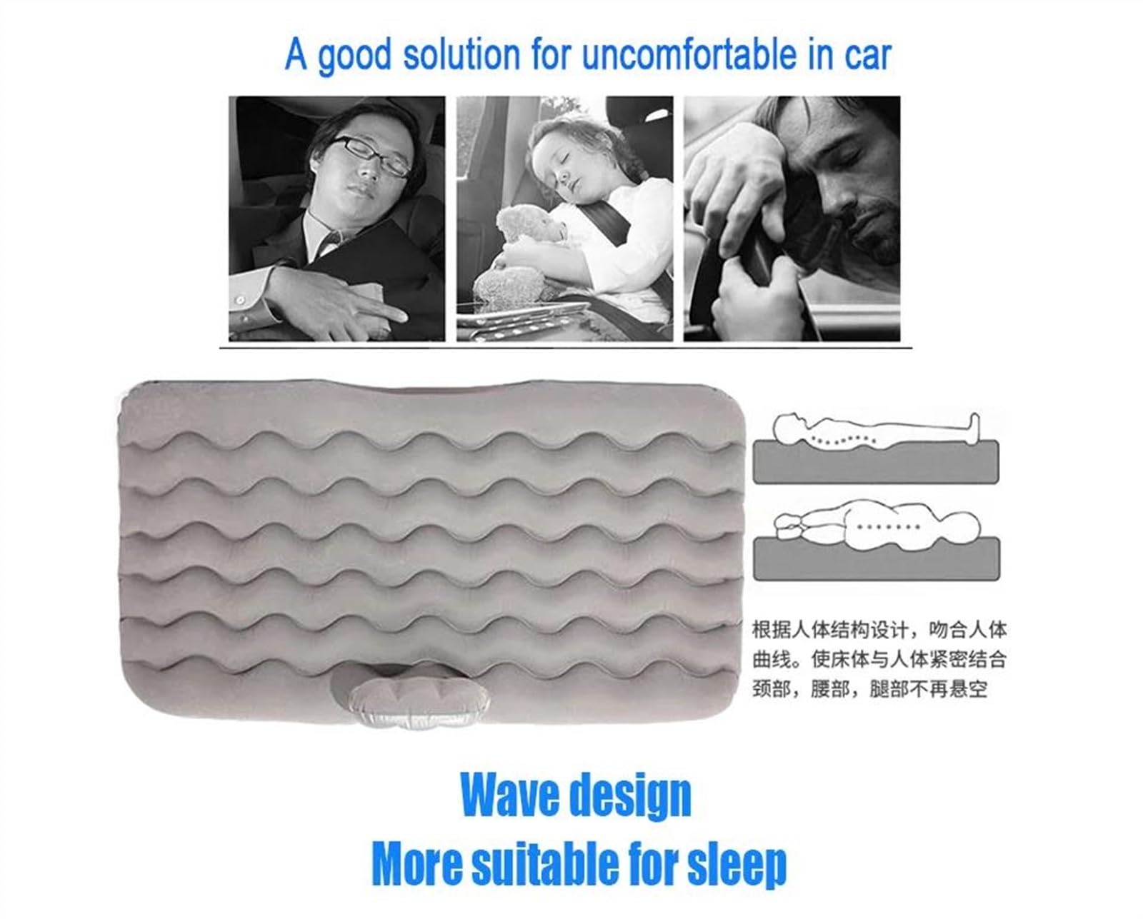 Generico Materasso Gonfiabile da Campeggio, Letto Gonfiabile per Sedile Posteriore Auto, Cuscino Gonfiabile da Viaggio per Esterni, Materiale Floccato Antiscivolo in PVC (Three)