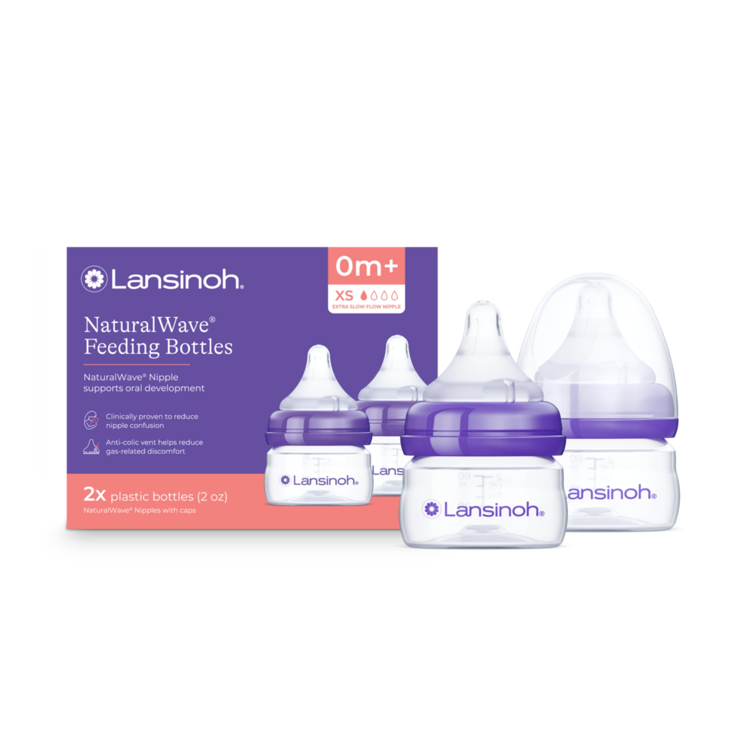 Photo 1 of Lansinoh Anti-Colic Baby Bottles, BPA-Free Plastic, 2 Ounces, 2 Count, Extra Slow Flow Nipples (Size XS), Breastfeeding Bottle with NaturalWave Design