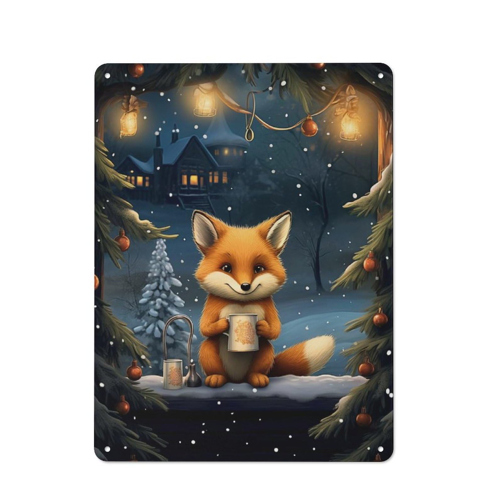 Junmoney Xmas Cute Fox Tea Tin Wall Plaque 40X30cm With For Garage Wall, For Collectors Of Retro Metal Wall Decor