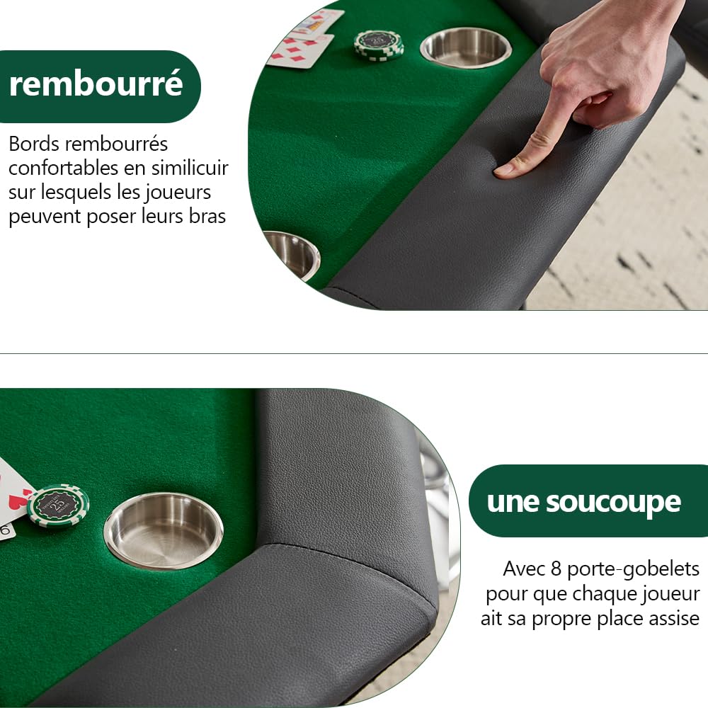 Mingone Pokertisch Klappbar 120cm Casino Tisch für 8 Spieler mit Armauflage und Becherhaltern Grün