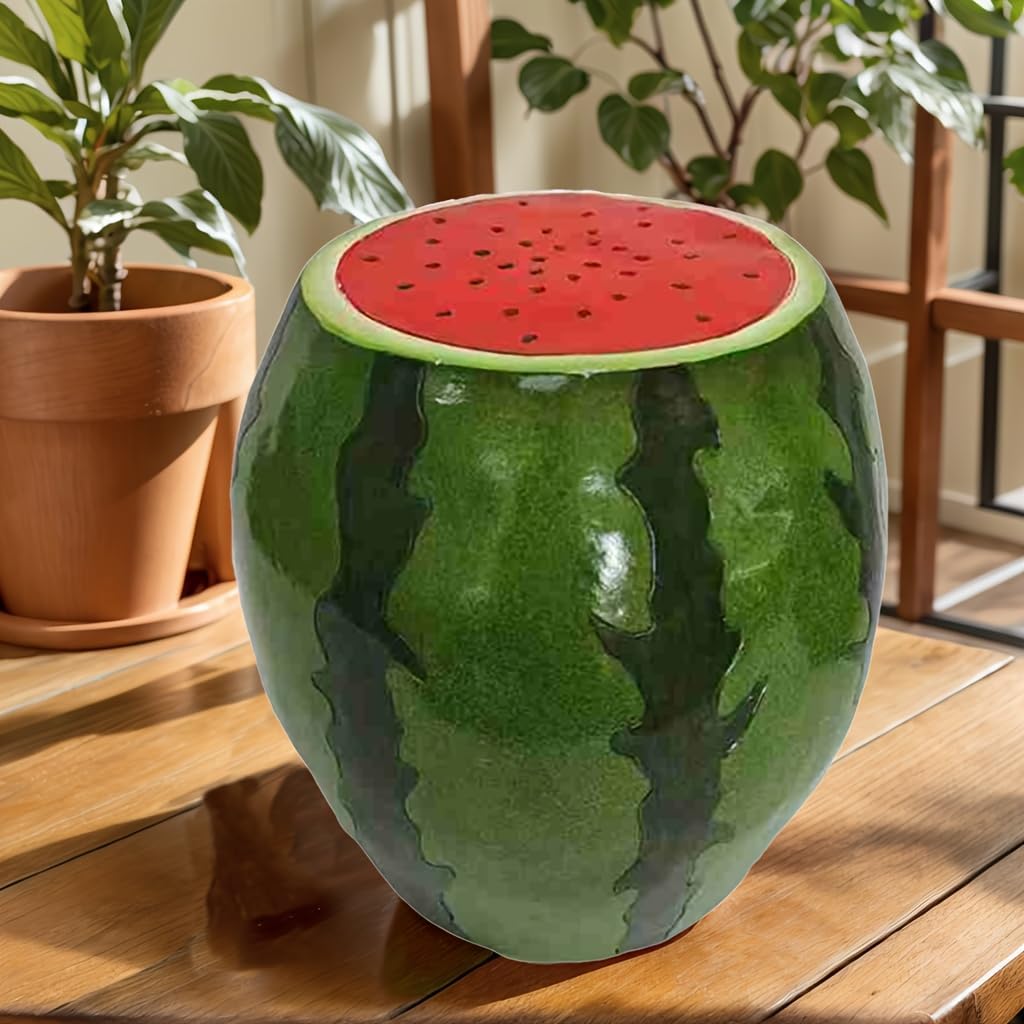Watermelon Resin Stool, 13.4" Decorative Fruit Side Table, Indoor Outdoor Garden Seat, Plant Stand Accent Furniture, Weather-Resistant Novelty Home Decor