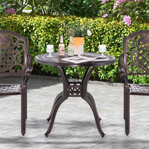 Image of Giantex 31.5 inch Patio Bistro Table, Cast Aluminum Table Side Table with 2 inch Umbrella Hole & Adjustable Footpads, All-Weather Metal Outdoor Round Dining Table for Porch, Backyard
