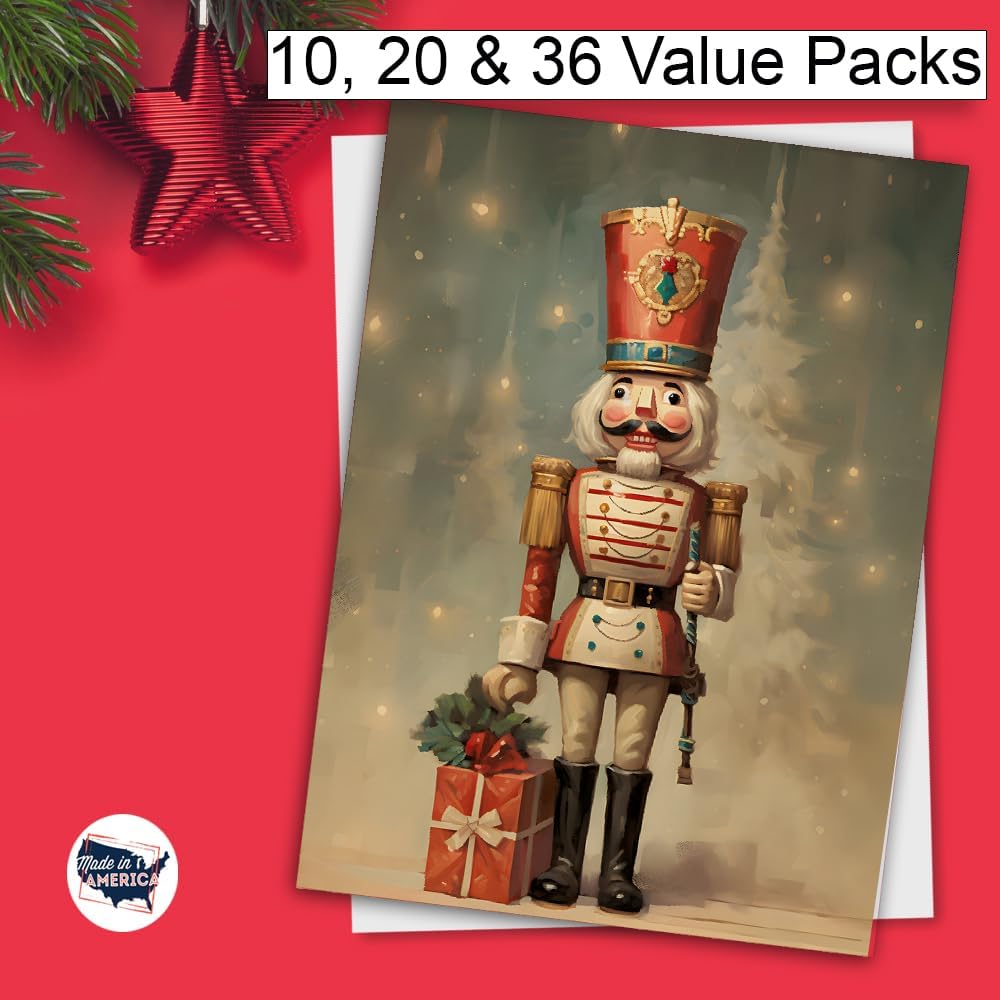Wright Home & Gift Vintage Nutcracker Traditional Holiday Greeting Cards | 20 Pack Bulk Set + 20 Envelopes (4x6)